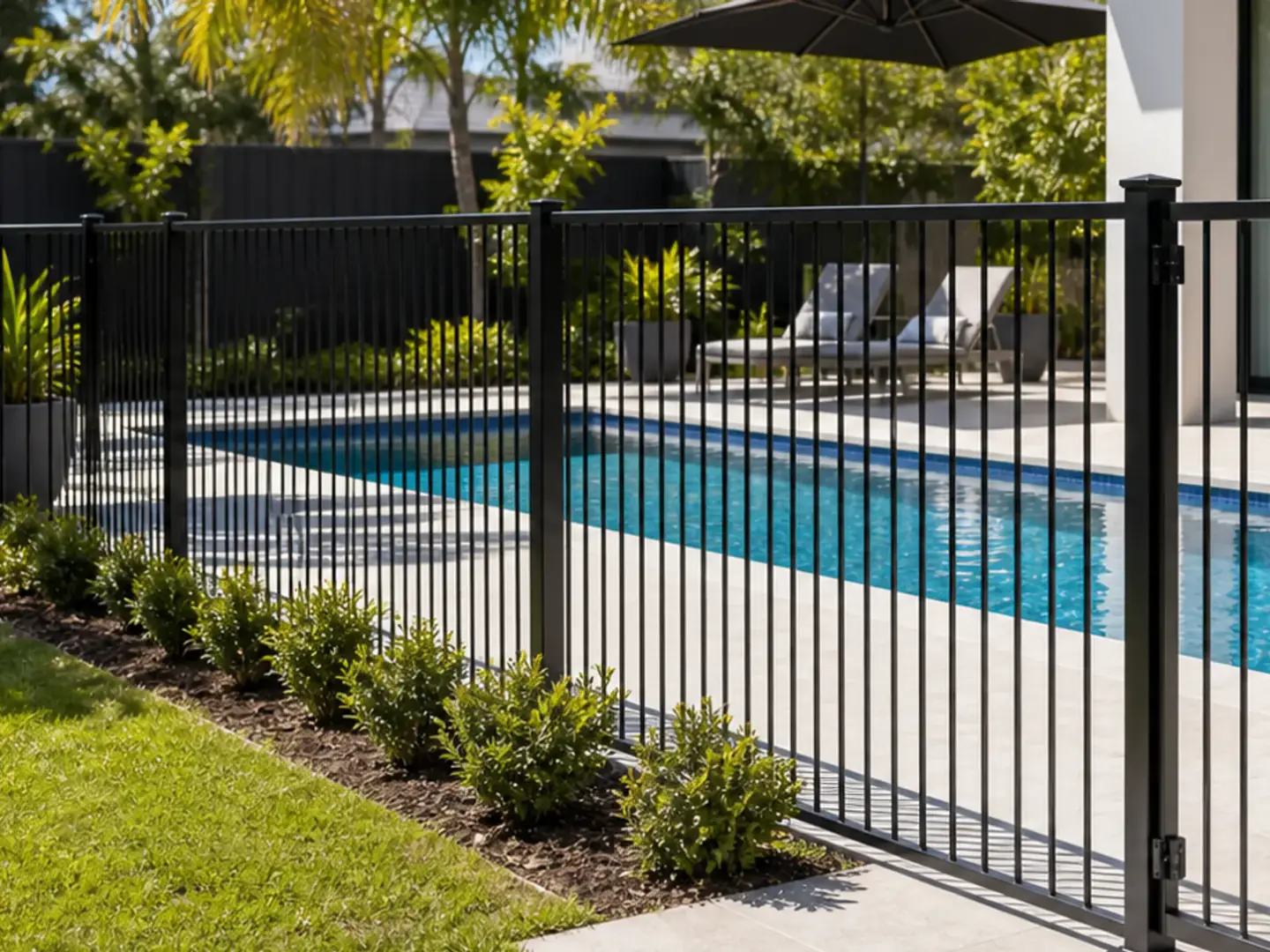 Flat top aluminium pool fence panels installed beside a swimming pool