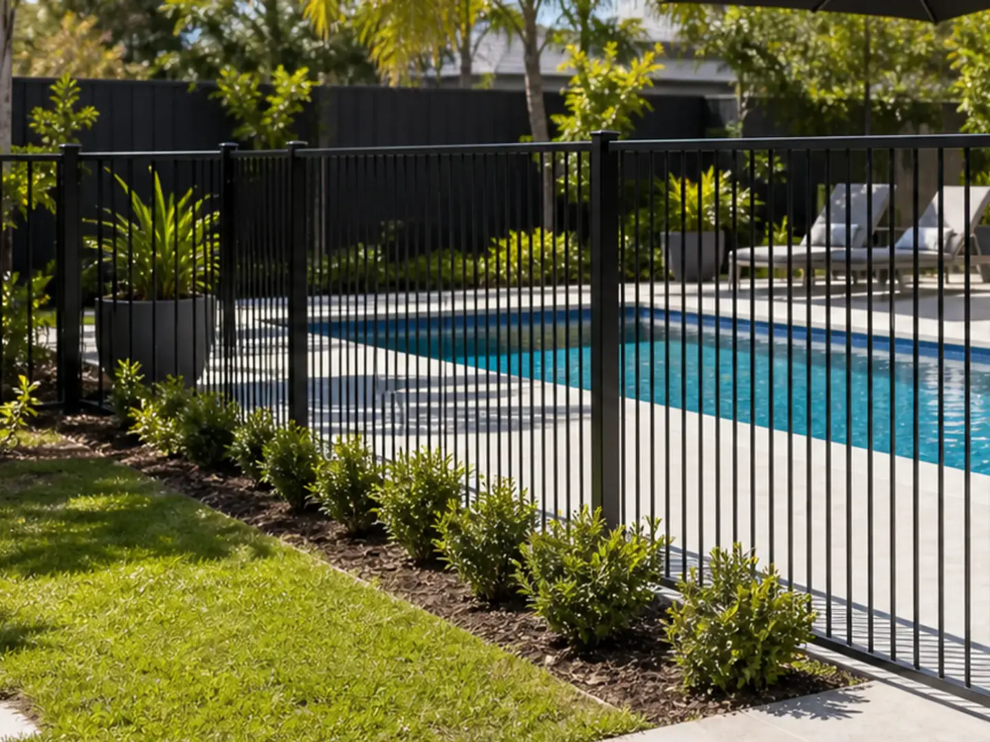 Black aluminium fence panels installed around a residential pool and garden area