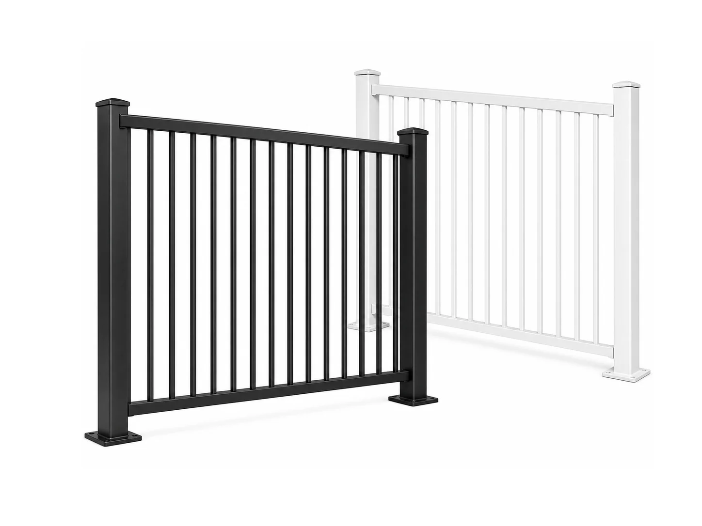 Aluminium pool fence panels with black panel in front and white panel behind