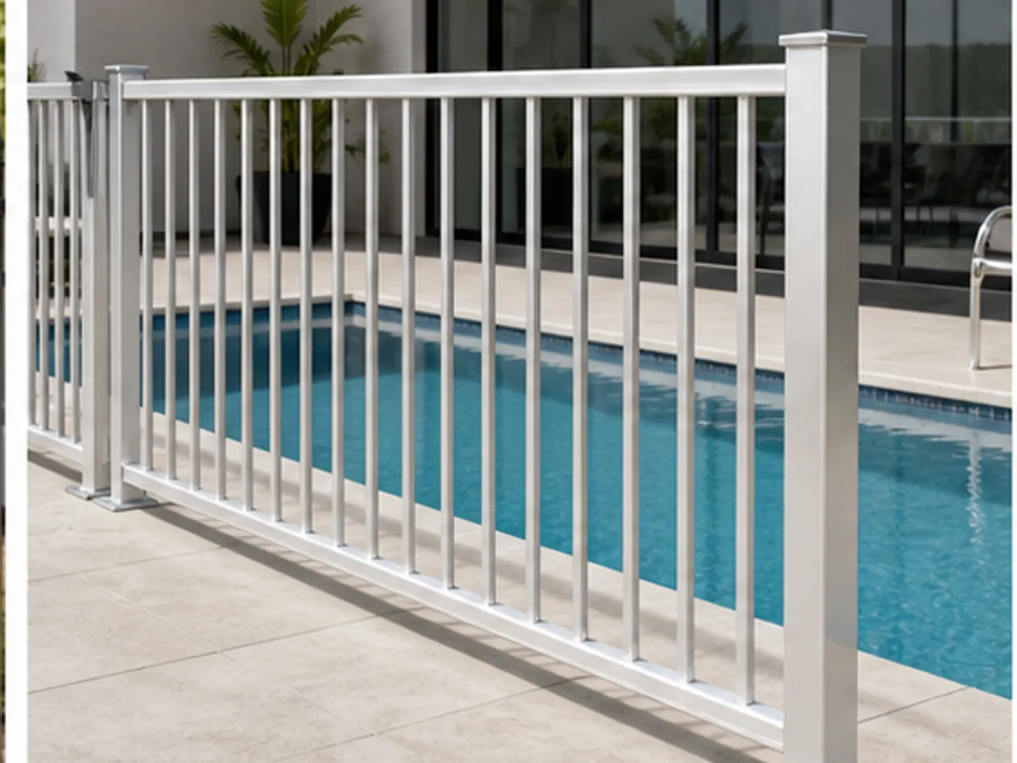 White aluminium pool fence panels installed beside a swimming pool