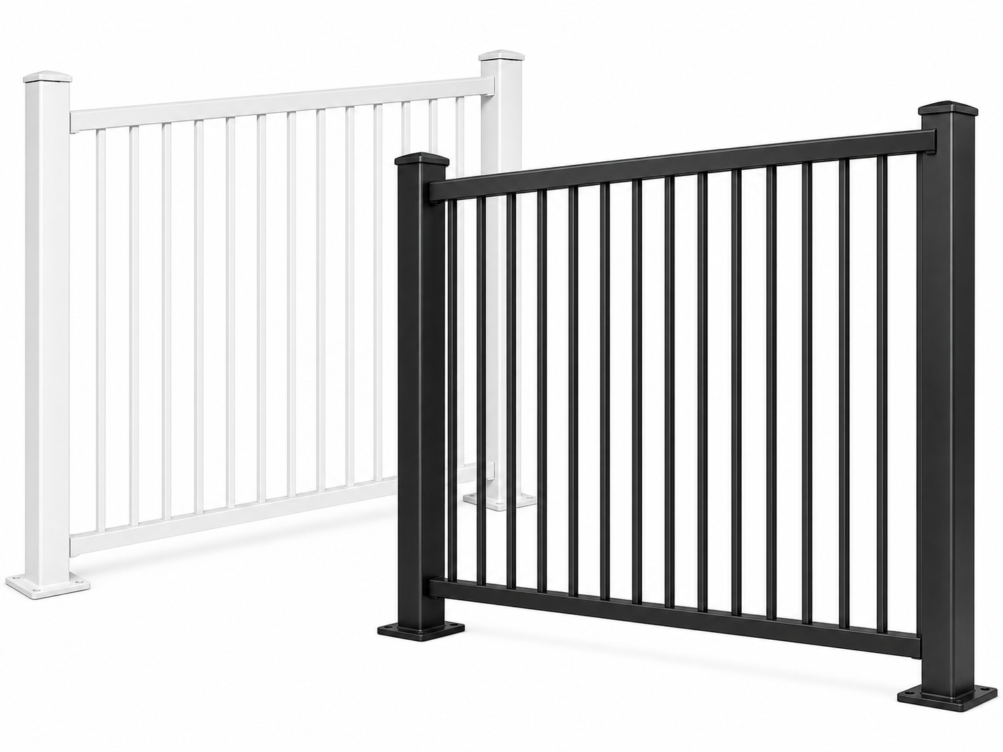 Aluminum fence panels in black and white powder coated finishes