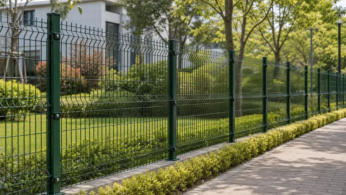 3D welded wire mesh fence installed along a landscaped public walkway