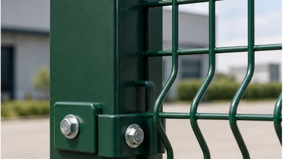 Close-up of 3D wire mesh fence post clamps bolts and V-bend panel connection