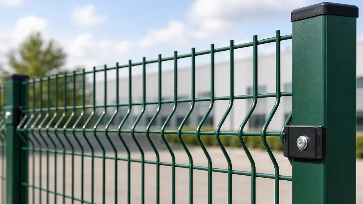 Close-up of green 3D welded wire mesh fence V-bend structure
