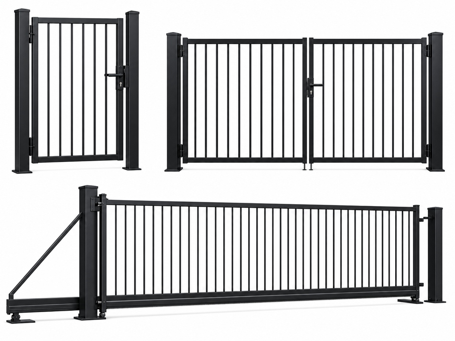 Metal fence gates including pedestrian swing and sliding gate styles