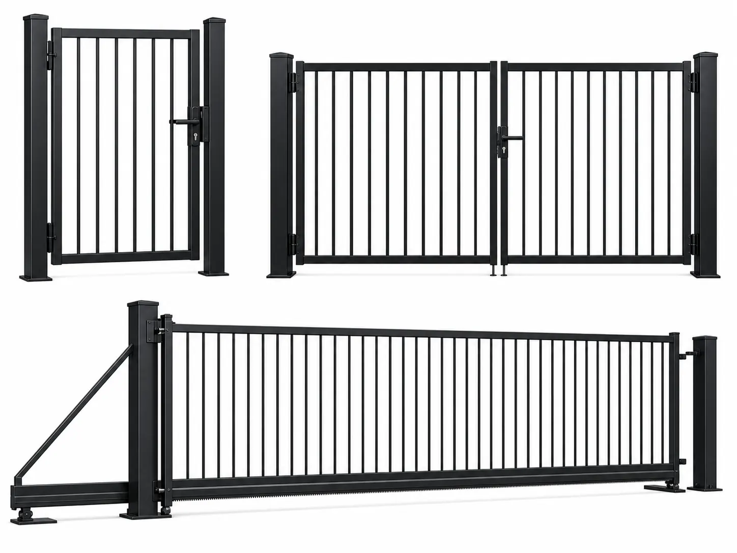 Metal pedestrian swing and sliding fence gates