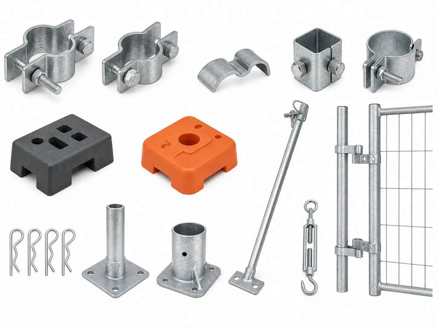 Temporary fence accessories including bases, clamps and support stays