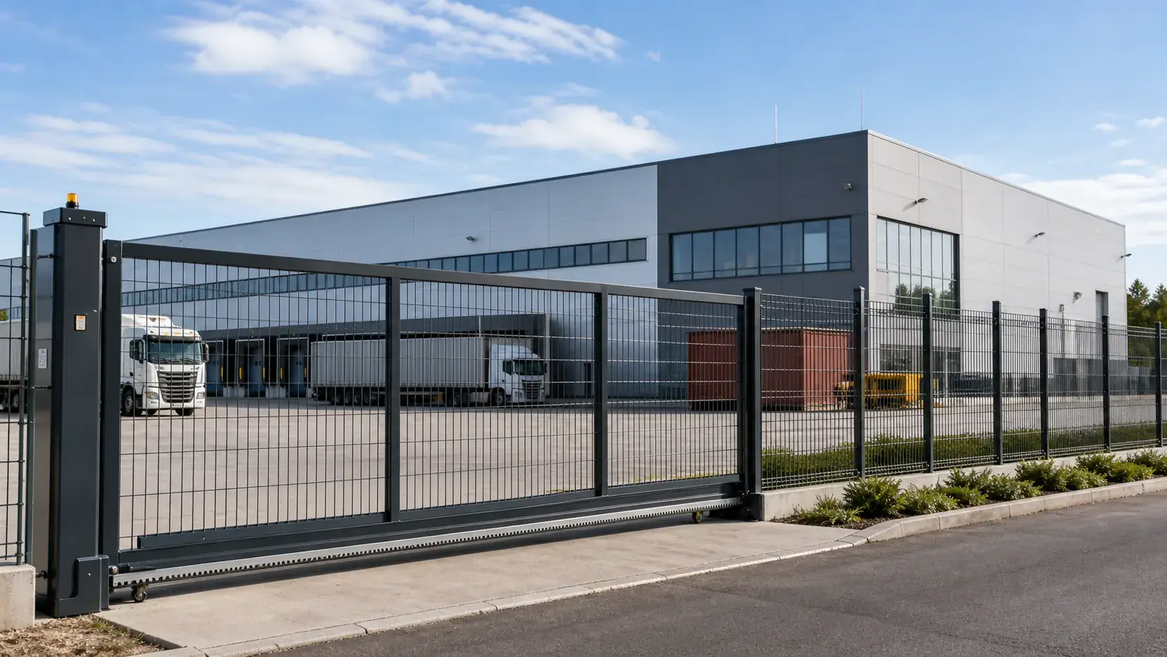 Chain link fence around factory perimeter